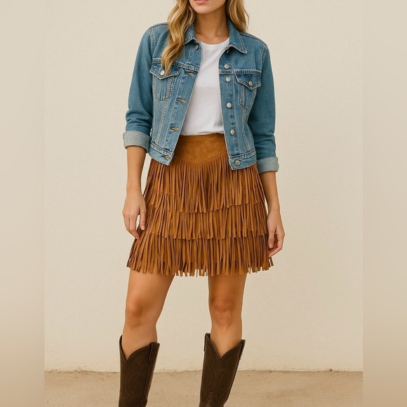 Lucchese Annabelle Lamb Leather Fringe Skirt Cinnamon Tan Suede Size M NWT - Picture 15 of 15